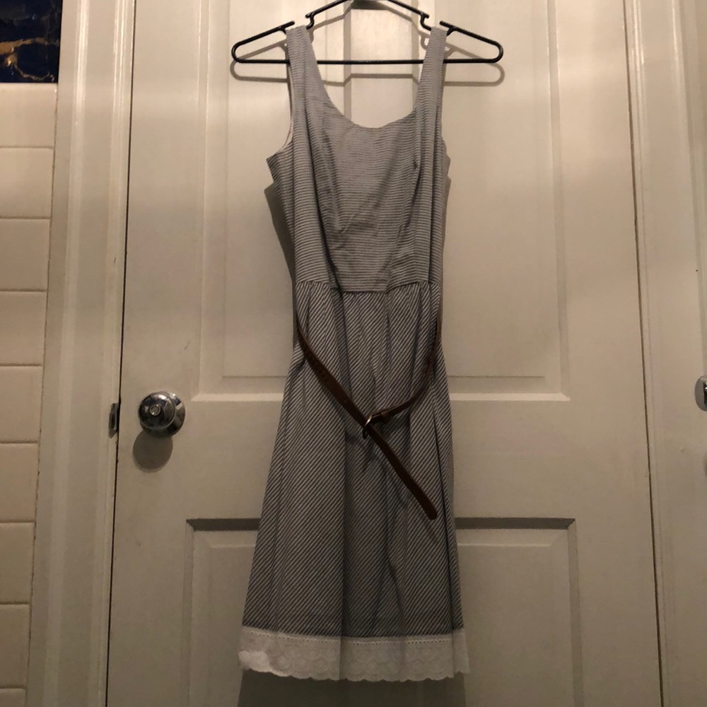 Grey and white dress with brown belt